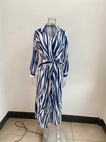 2026 European And American Women's Fashion New Product: Stylish Printed Shirt-Collar Tie-Waist Mid-Length Striped Dress - 6# - 查看 3