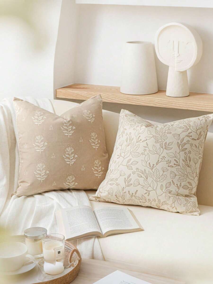 1pc Floral Decorative Reversible Pillow Case, Farmhouse Style Coastal Blue Linen Sofa Pillow Cover, Pillow Case Only, Pillow Case Decoration, Dorm Bedroom Decor, Home Decor, Living Room Decor, Gift - Beige - View 1