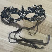 Adult Masquerade Mask, Rhinestone Satin Ribbon Style, Mysterious Fun Lace Mask, Couple Style, Men's And Women's Lace Headwear And Costume, Christmas Mask,Halloween - Black - View 12