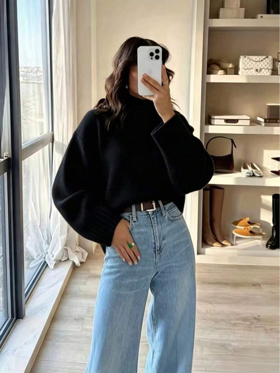Autumn/Winter Casual Solid Color Ribbed Daily Sweater Black Fall - Black - View 1