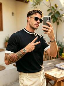 ALTZTAR Men's Round Neck Short Sleeve Solid Color Patchwork Casual Knit Top - Black - View 1