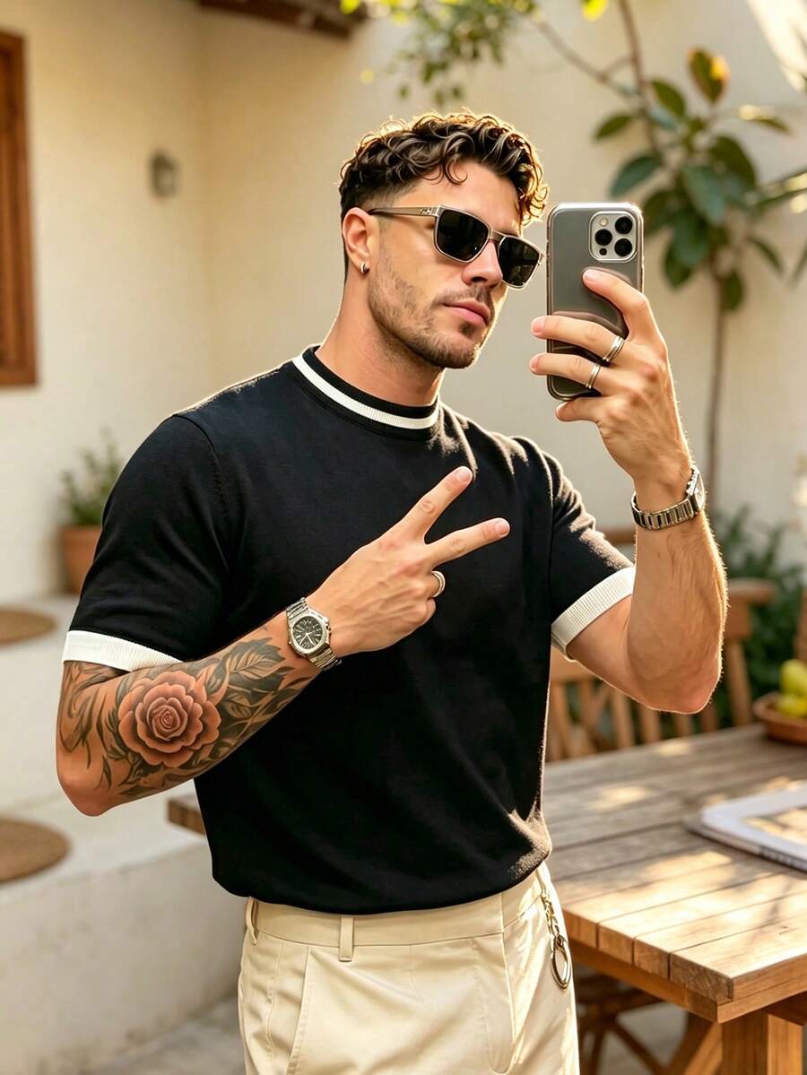 ALTZTAR Men's Round Neck Short Sleeve Solid Color Patchwork Casual Knit Top - Black - View 1