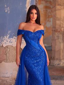 Faeriesty Elegant Women's Blue Sequin Off Shoulder Long Formal Evening Gown, With Slit And Beaded Design, Perfect For Balls And Evening Parties Wedding - Royal Blue - View 3