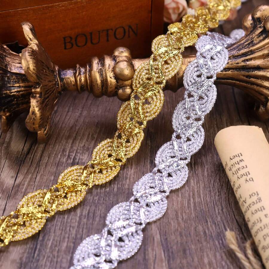 2/5碼金銀色金屬編織蕾絲飾邊，波浪邊扭繩刺繡緞帶，復古鏈條風裝飾飾邊，適用縫紉DIY手工、衣飾裙襬、包包肩帶、髮箍、服裝配件，亮面編織蕾絲帶