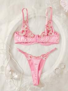 Fashionable French Style Pink Ladies Bra Set, Sweet Mesh Embroidery Sexy Lingerie, Sheer Exotic Inspired Women's Intimate Apparel - Pink - View 2