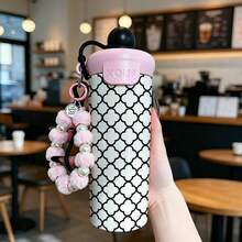 1個 600ML 不鏽鋼保溫隨行杯，附時尚印花、粉珍珠掛繩、矽膠吸管，適用於咖啡、茶、牛奶、果汁、冷熱飲，適合戶外露營、辦公室、學校、居家使用，送給女朋友、家人、朋友的禮物 - 彩色 - 查看 8