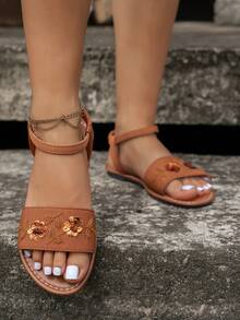Women's Round Toe Fabric Beaded 3D Sequin Floral Back Elastic Band Flat Sandals, Casual Home Fashion Elegant - Brown - View 4