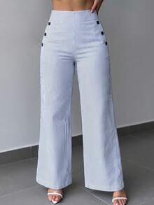 1pc Women's Fashion Striped Front Button Design Casual Wide Leg Pants, Suitable For Office & Dates, Spring/Summer - Blue - View 3
