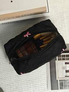 粉色刺繡蝴蝶結化妝包，可愛女性拉鍊收納袋，口紅、盥洗用品袋、衛生棉收納袋、刷具收納袋、盥洗用品袋、旅行必需品、房間裝飾、浴室收納、度假必需品、生日禮物、開學禮物 - 黑色 - 查看 3