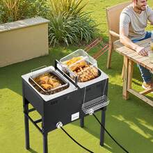 Outdoor Propane Deep Fryer, Dual-Tank 16QTx2 Large Capacity Commercial Fryer, Stainless Steel Fish Cooker With 3 Basket, Thermometer, Floor Standing Fryers For Catering Event Camping, 50,000 BTU - 16QTx2 - View 1