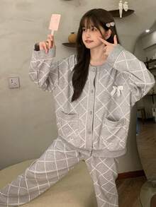 2pcs/Set Women's Pajamas Homewear, Open Front Round Neck Plaid Print With Two Pockets And Bow Decor, Long Sleeve Long Pants, Suitable For Spring, Autumn And Winter - Grey - View 5
