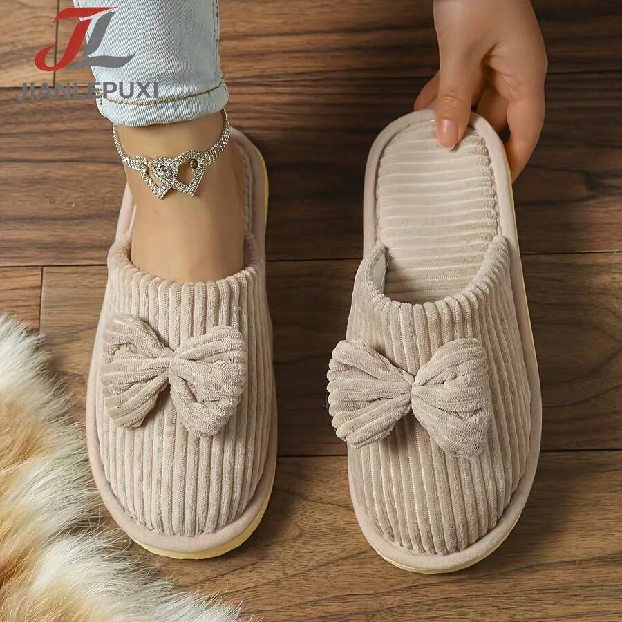 Fashion Striped Bow Slip-On Slippers, Comfortable To Wear In Spring, Autumn And Winter