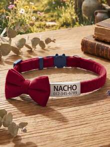 1pc Personalized Velvet Cat Collar With Detachable Bow And Bell. Customizable Engraved Anti-Lost Pet ID Tag With Name And Contact Information. Suitable For Small-Medium Cats And Dogs. Stainless Steel Pet Jewelry. - Red - View 3