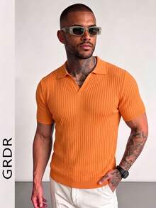 GRDR Men's Summer Airplane Collar Ribbed Solid Color Short Sleeve Knit Sweater, Suitable For Summer Outings, Essential For Fashionable Styling - Orange - View 4