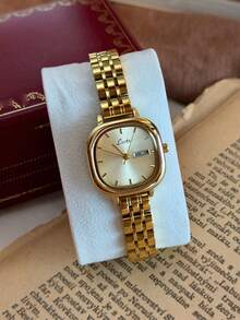 1pc Elegant Vintage Gold Case Women's Quartz Watch With Day & Date Calendar, Classic Minimalist Fashion Dress Wristwatch, Suitable For Office And Daily Wear - Gold - View 4