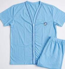 Men's Button-Down Post-Surgical Pajamas, Short Sleeves, Senior Style, High-Quality Knit Fabric - Biru - View 3