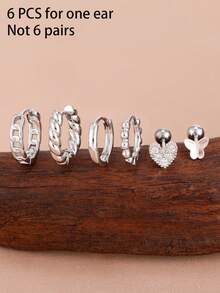 6Pcs Gold Plated Hoop & Stud Earring Set, Butterfly Heart CZ Twist Beaded Stackable Piercing Jewelry For Women Daily Party Casual Accessories - 1 Silver - 6 PCS - View 6