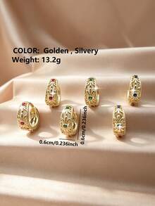 6pcs/Set Luxury Elegant Copper Inlaid Zirconia Geometric Floral Round Stud Earrings, Elegant And Sophisticated Women's Earrings, Valentine's Day Date Gift - Round - View 2