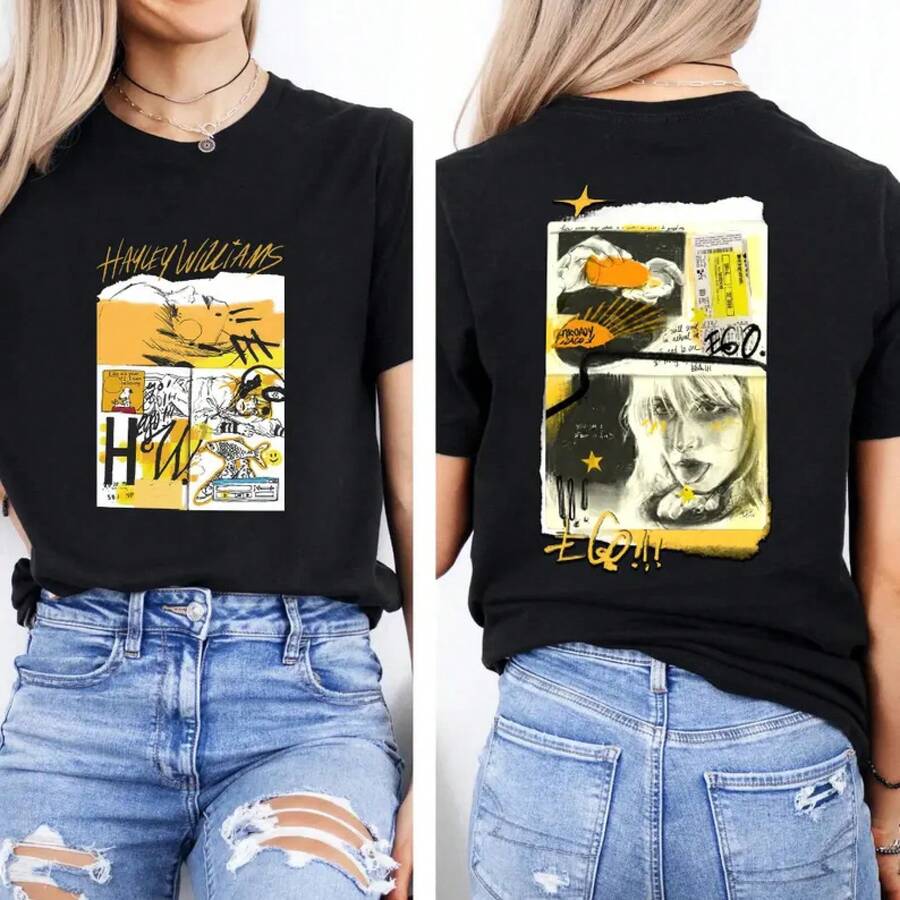 Camiseta reversible negra de Hayley Williams con estampado de collage de grafiti, manga corta, cuello redondo, estilo urbano vintage. - Negro - Ver 1