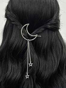 1pc Women's Moon Tassel Hair Clip, Silver Moon Hair Accessory For Braiding, Star & Moon Design, Suitable For Festivals, Parties, Daily Wear, Pendant, Gift, Ramadan - Silver - View 1
