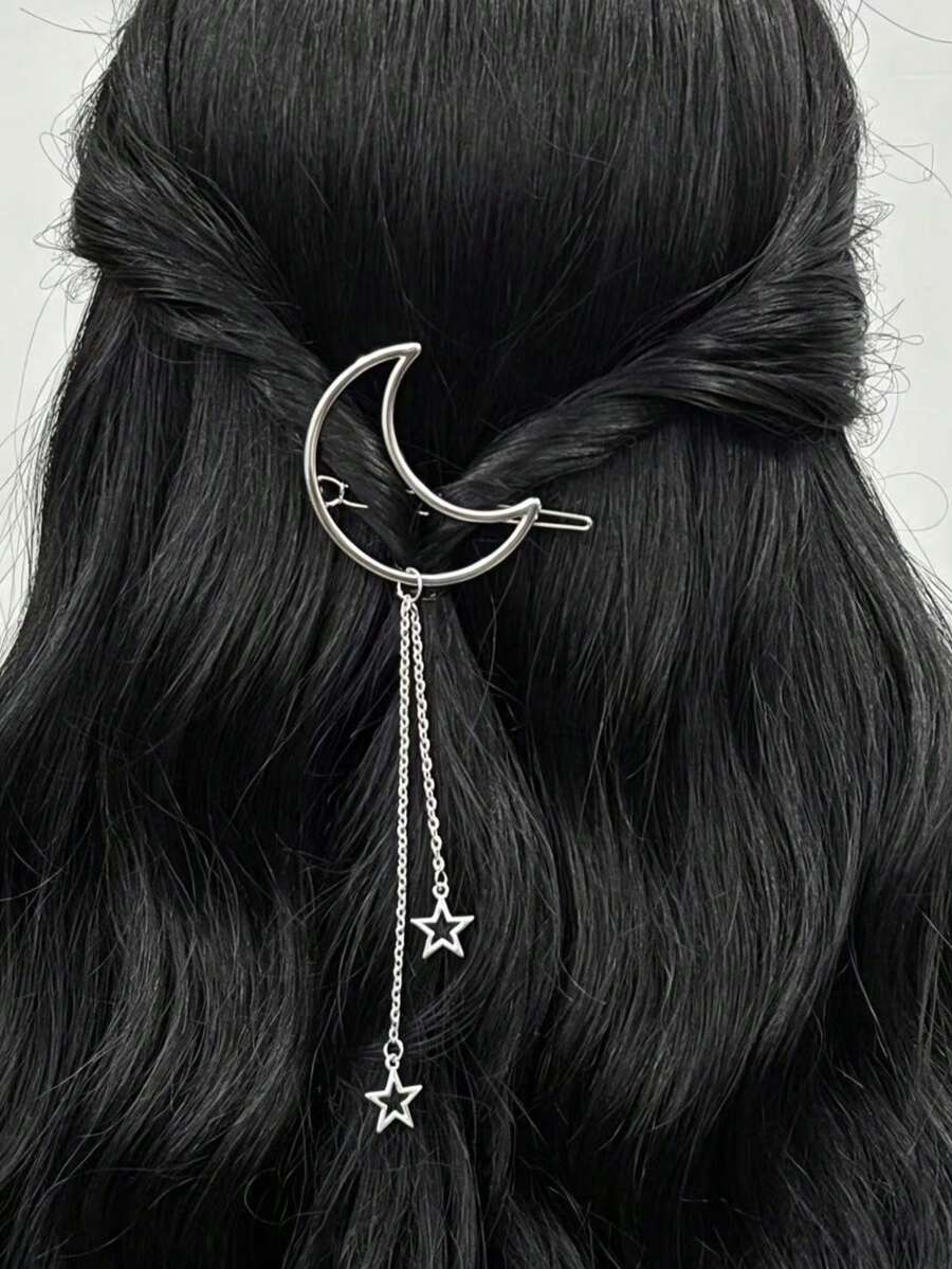 1pc Women's Moon Tassel Hair Clip, Silver Moon Hair Accessory For Braiding, Star & Moon Design, Suitable For Festivals, Parties, Daily Wear, Pendant, Gift, Ramadan - Silver - View 1