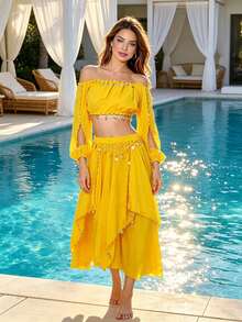 Professional Belly Dance Cold Shoulder Puff Sleeve Coin Crop Top, Elastic High Waist Asymmetrical Chiffon Skirt With Dangling Coins For Dance Training, Stage Shows And Competitions - Multicolor - View 2