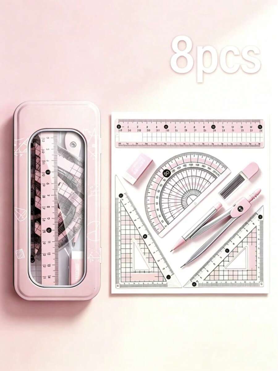 Juego de 8 piezas de compás y regla geométrica, kit completo de herramientas de dibujo matemático con regla recta, regla triangular, transportador, borrador y minas de repuesto, caja de almacenamiento de metal portátil, papelería práctica para escuela y oficina para estudiantes - A - Ver 1