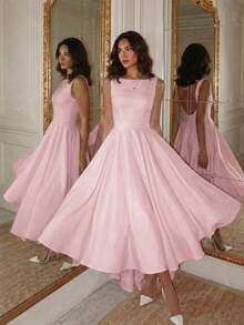 Elegant Casual Minimalist French Style Sleeveless Backless Cinched Waist Flared Dress, Suitable For Campus, Daily, Date, Vacation, Commute, Holiday Party Outfits - Pink - View 2