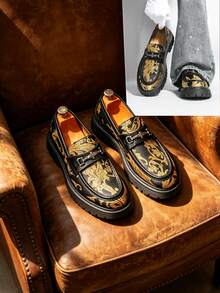 Black & Gold Baroque Jacquard Thick Sole Loafers With Horsebit Buckle Slip-On Dress Shoes Height Increasing Anti-Slip Casual Men's Shoes Fashion British Style Derby Shoes [Random Pattern] - Black - View 2