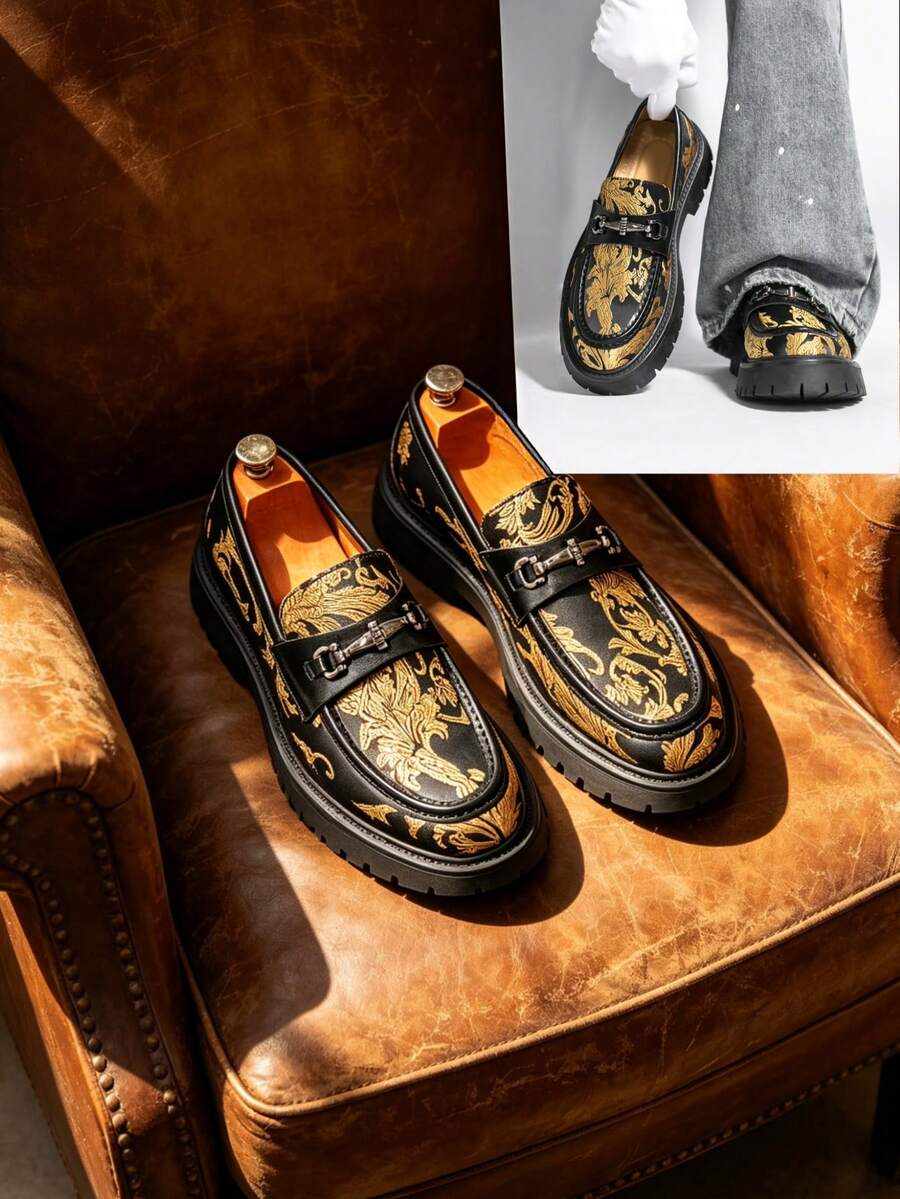 Black & Gold Baroque Jacquard Thick Sole Loafers With Horsebit Buckle Slip-On Dress Shoes Height Increasing Anti-Slip Casual Men's Shoes Fashion British Style Derby Shoes [Random Pattern]