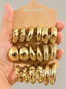 3-9 Pairs Fashionable C-Shaped Gold-Plated Earrings, Geometric Multi- Gold Earring Set, Women's Fashion Earring Set, Daily Wear, Non-Fading Low-Allergy Gold-Plated Earring Set - Gold - View 8