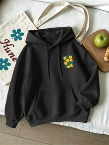 Plus Size Women's Casual Yellow Lemon Double-Sided Print Hooded Sweatshirt With Pockets, Perfect For Vacation Looks, Ideal For Autumn/Winter - Black - View 2