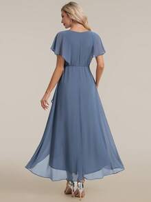 EVERPRETTY Elegante vestido de novia de la madre con escote en V y busto fruncido en color azul empolvado, vestido formal para invitada de boda de jardín, cena y ocasión - Neblina azul - Ver 3