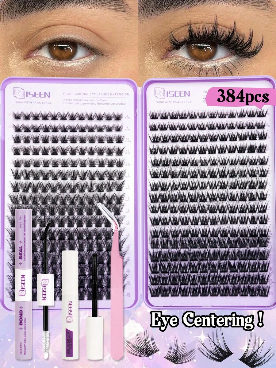 384 Peças Conjunto de Cílios Postiços DIY, Inclui Adesivo e Removedor, Pinça, Leve e Reutilizável, Conjunto de Cílios Único de Grande Capacidade, Macio e Natural, Cria Maquiagem de Olhos 3D, Adequado para DIY em Casa, Viagem, Deslocamento Diário, Festa, Maquiagem de Noiva de Casamento e Mais - Preto - Visão 1