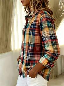 [Shipping Included]Plus Size - Plus Size - Fashion Plus Size Long Sleeve Collared Casual Plaid Print Shirt - Mixed Colors - View 3