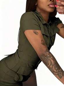 Design-Driven Utility Urban Style Short Sleeve High Neck Zipper Fitted Jumpsuit Summer - Green - View 5