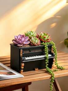 1PC Vintage Piano Shaped Succulent Planter Creative Resin Desktop Micro Landscape Potted Plant Balcony Windowsill Greenery Decoration Artistic Girl Desktop Ornament Birthday Gift - Piano Flower Pot - View 8