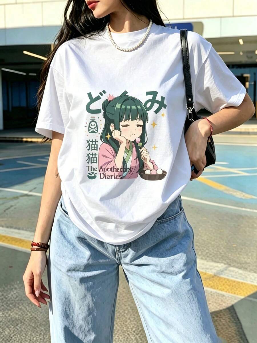 New Fashion Anime T-Shirt For Women, Unisex, 100% Pure Cotton, High-End Streetwear Top, New Arrival, Multiple Sizes Available! 180g 100% Pure Soft Cotton - Vintage Short Sleeve Crew Neck T-Shirt, Loose Fit, 100% Pure Cotton. - 白色 - 查看 1