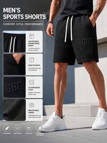 Pantalones cortos casuales para hombre, cintura elástica con cordón, patrón de letras BBR en relieve, tela con relieve, adecuados para estilo de calle de verano y deportes - Negro - Ver 7