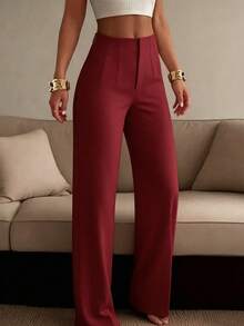 Celana Panjang Wanita Polos Model Lurus dengan Potongan Lebar, Gaya Minimalis Kasual dengan Nuansa Premium, Celana Panjang Serbaguna untuk Berbagai Acara - Burgundy - View 8