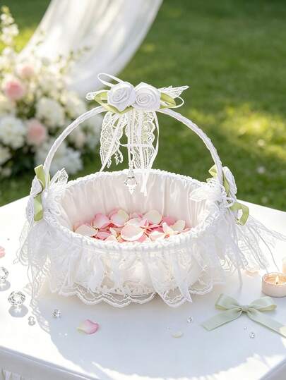 1pc Ivory Satin Wedding Flower Girl Basket, White Lace Ruffle Trim Handheld Basket With Silk Rose, Crystal Pendant Decor, For Wedding Ceremony Bridal Party Decor