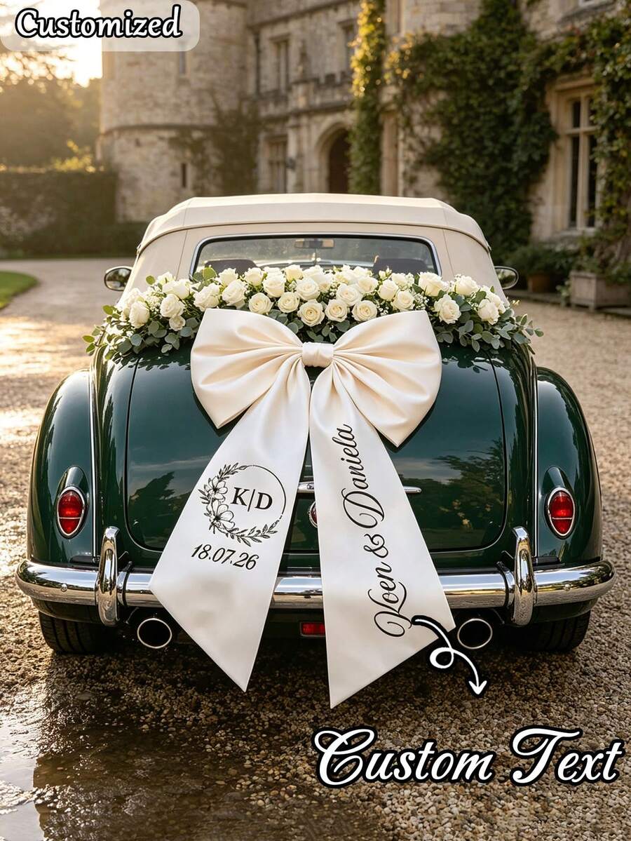 Customized Wedding Car Bow, Personalized Name Large Satin Bow, Bride Car Decoration, Romantic Wedding Photo Prop, Decorative, Reusable, Home Life, Eternal Love, Wedding Gift