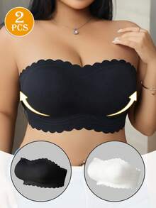 3pcs Seamless Plus Size Strapless Non-Slip Wire-Free Push-Up Bra, Scalloped Design Hollow Back Sexy Bandeau, Suitable For Daily Casual Home Wear - Multicolor - View 1