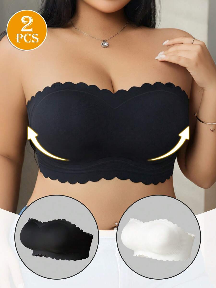 3pcs Seamless Plus Size Strapless Non-Slip Wire-Free Push-Up Bra, Scalloped Design Hollow Back Sexy Bandeau, Suitable For Daily Casual Home Wear - Multicolor - View 1