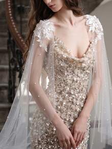 Pearl Long Cape Bridal Shoulder Veil Wedding Accessory - Multicolor - View 3