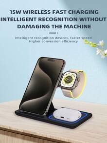 Foldable 3-In-1 Wireless Charging Station, 15W Fast Multi-Device Charger. Dual-Angle Stand Supports Horizontal And Vertical Layouts, Suitable For Video Watching. Foldable Compact Design, Perfect For Desk, Bedroom, Office, Travel. Compatible With All Qi Wireless Phones, Smartwatches And Bluetooth Earphones. Sensitive Coil Provides Stable Power. Lightweight ABS Shell With Ambient Light, Say Goodbye To Cluttered Charging Cables. - Black - View 4