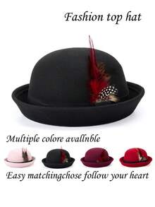 1 buah Topi Mini Bulat, Warna Polos, Kasual, Wanita, Untuk Perjalanan Sehari-hari - A - View 7