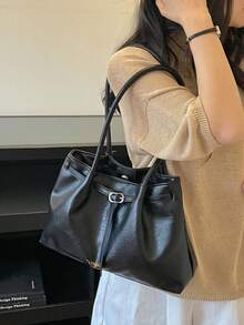 跨境歐美高端復古女款 2026 新款大容量托特包 通勤百褶單肩腋下包 - 黑色 - 查看 8