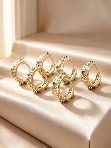 6pcs/Set Luxury Elegant Copper Inlaid Zirconia Geometric Floral Round Stud Earrings, Elegant And Sophisticated Women's Earrings, Valentine's Day Date Gift - Round - View 4