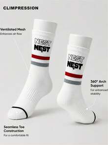 CLIMPRESSION Men's Pure Cotton Mid-Calf Socks, Classic Letter NEST Print, Red & Grey Striped Cuff, Breathable Preppy Casual Socks - White - View 9